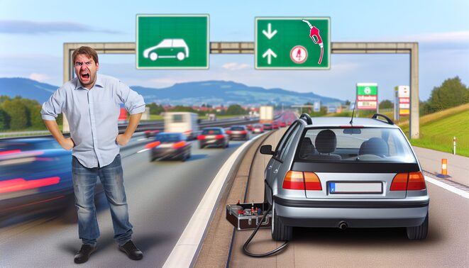 alt_text: A vibrant Autobahn scene shows a worried driver in a stranded car, with speedy traffic and fuel signs.